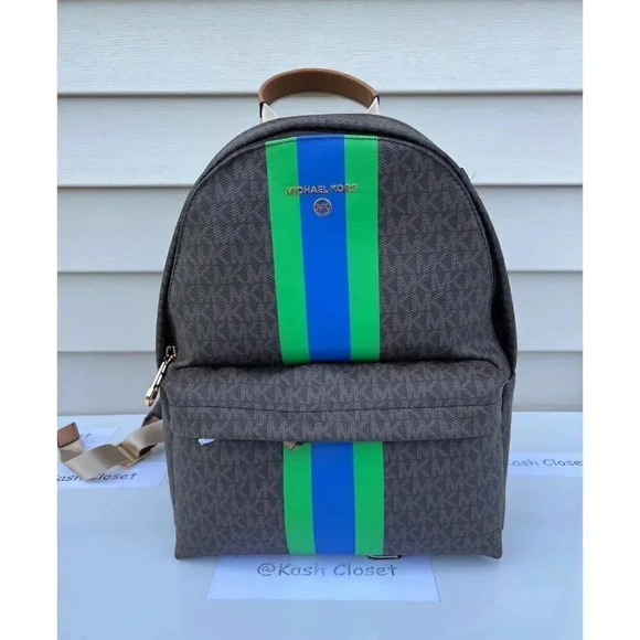 Michael Kors Backpack Medium Stripe Signature Logo Palm Green - Picture 1 of 11